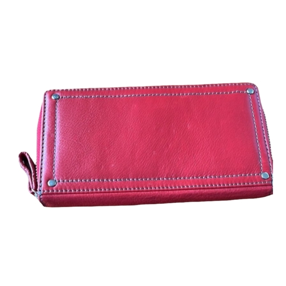 DANIER Red Leather Wallet Zip Around Clutch Purse Bag Pouch Bohemian